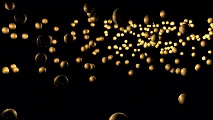 黑色背景上的金球流。陨石流。抽象三维背景。抽象动画。