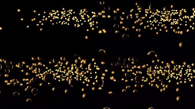 黑色背景上的金球流。陨石流。抽象三维背景。抽象动画。