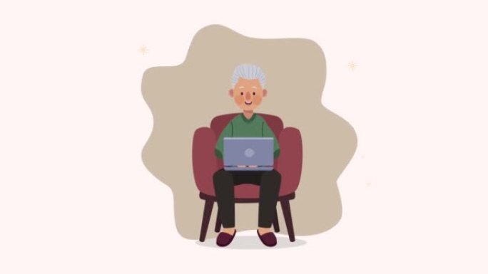 祖父在沙发角色动画中使用笔记本电脑