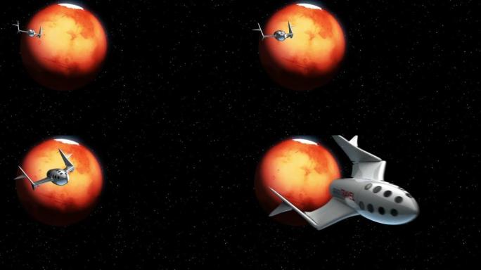 虚构的太空飞机从火星旅行中返回。太空旅游飞船的概念。3d动画。行星的纹理是在图形编辑器中创建的，没有
