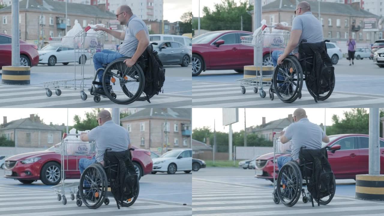 有身体残疾的成年人，在超市停车场用轮椅推车在自己面前