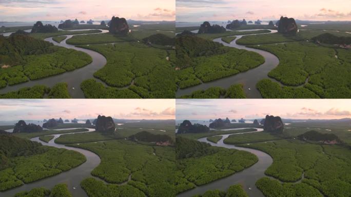 泰国攀牙省红树林的鸟瞰图日落场景，日出，4K(UHD)，海洋和红树林景观的空中拍摄