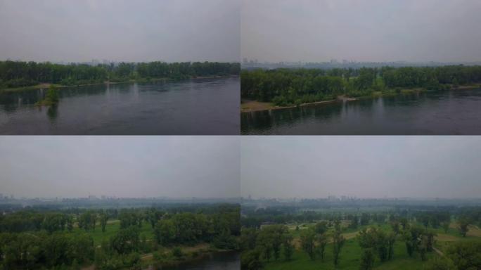 背景无人机镜头中叶尼塞河和克拉斯诺亚尔斯克市的鸟瞰图