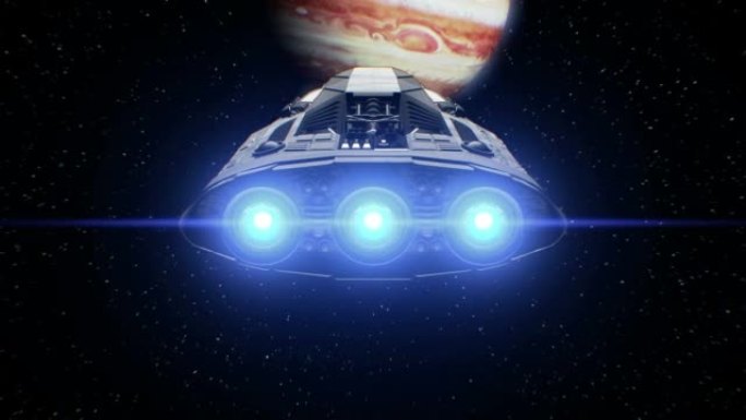 背景上的木星，外星科幻宇宙飞船接近行星。强大的引擎脉动和闪烁，3d。行星的纹理是在图形编辑器中创建的
