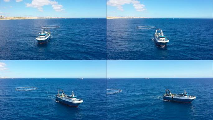 带有捕鱼专用设备的渔船，鱼架在地中海航行