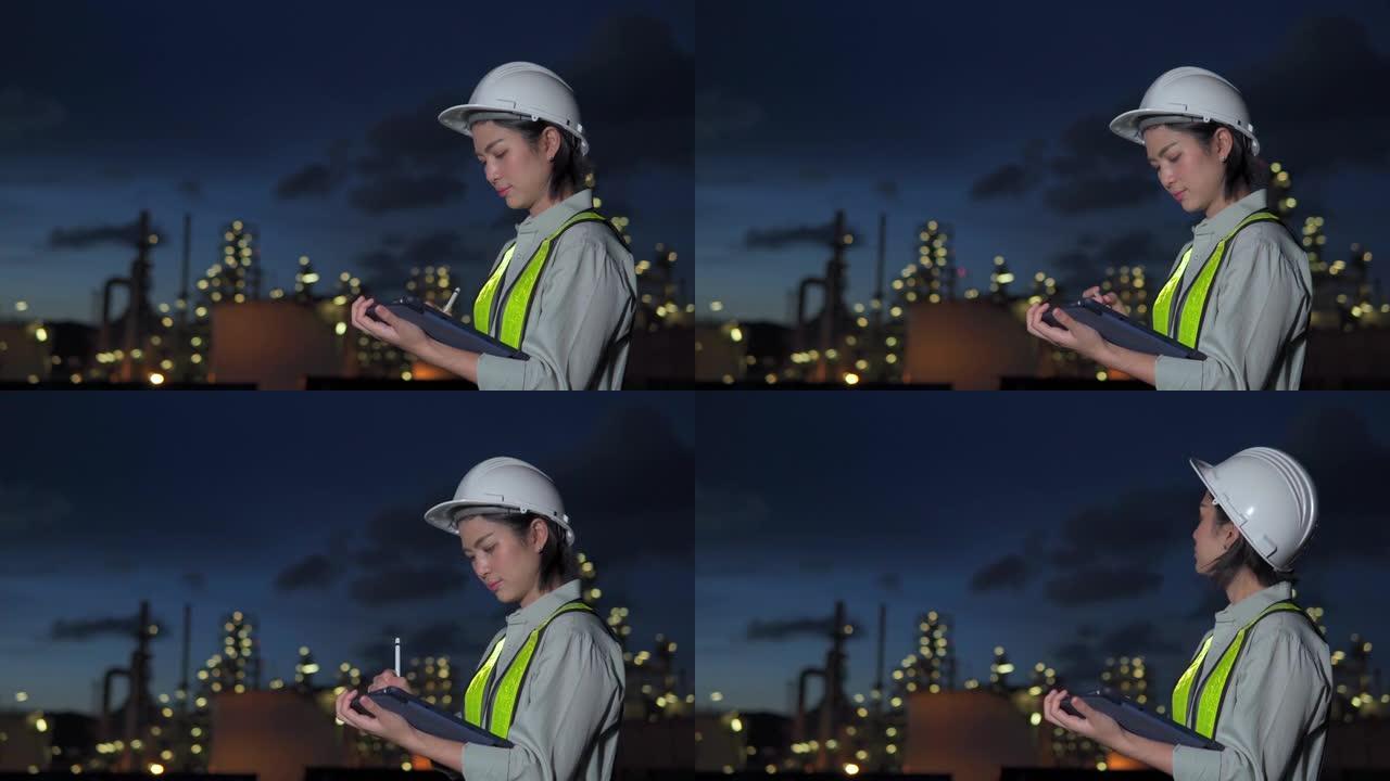 使用数字平板电脑在发电厂工作的亚洲女工程师