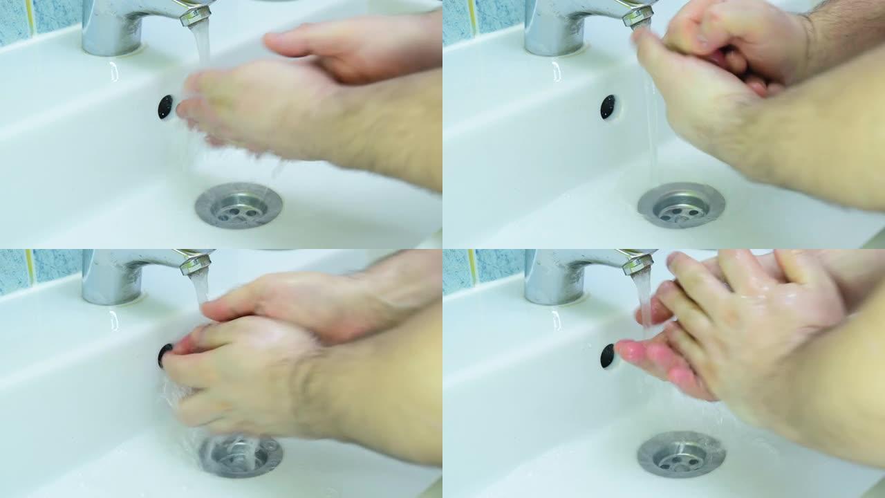 男子在大流行时用抗菌肥皂洗手。4k视频