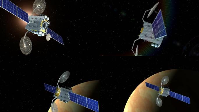 虚构太空卫星正在接近金星，3d动画。行星的纹理是在图形编辑器中创建的，没有照片和其他图像。