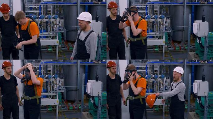 戴着安全帽的男人在危险物质的工厂戴着呼吸面罩在有气体的区域工作，石化工业综合体的操作员使用防毒面具来