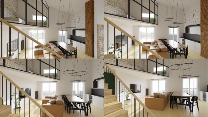 带厨房区的现代客厅。豪华两层平面设计。三维可视化