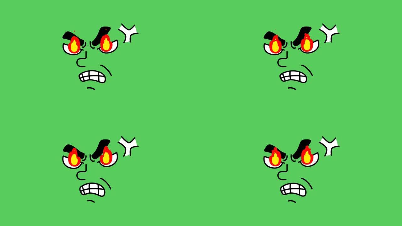 动画面部标记在绿色背景上显示愤怒的迹象。