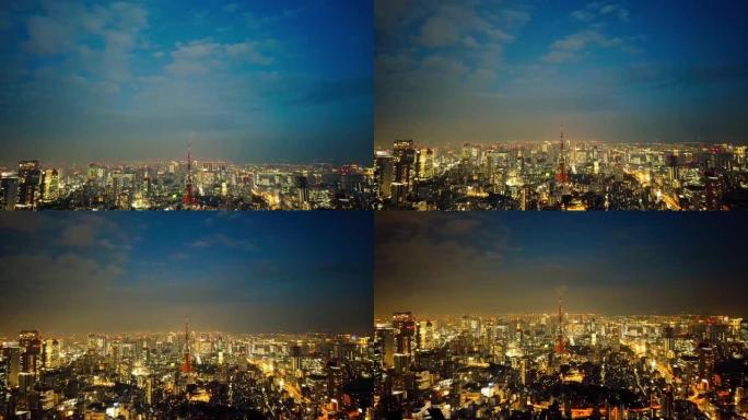 俯瞰黄昏的东京夜景，东京塔亮起红色