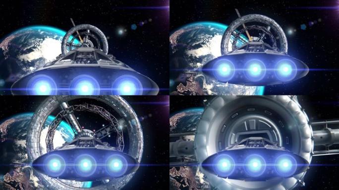 航天器飞入地球背景的空间站门，3d动画。地球的纹理是在没有照片的图形编辑器中创建的。NASA提供的城