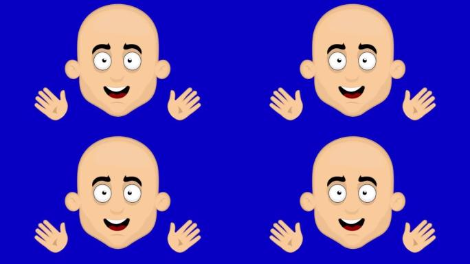 卡通秃头男子的脸用手挥舞的循环动画