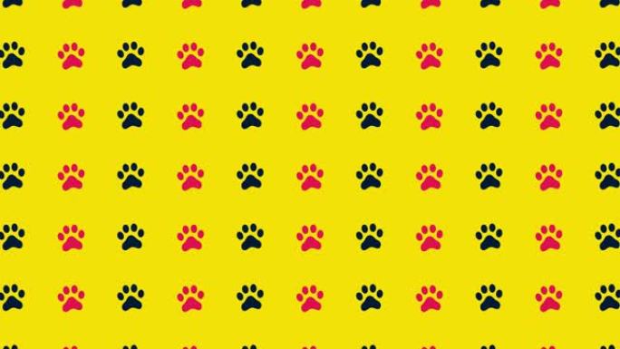 黄色背景上黑色和粉红色猫爪的彩色图案。猫爪无缝图案。顶视图。狗，猫足迹背景。4k视频运动