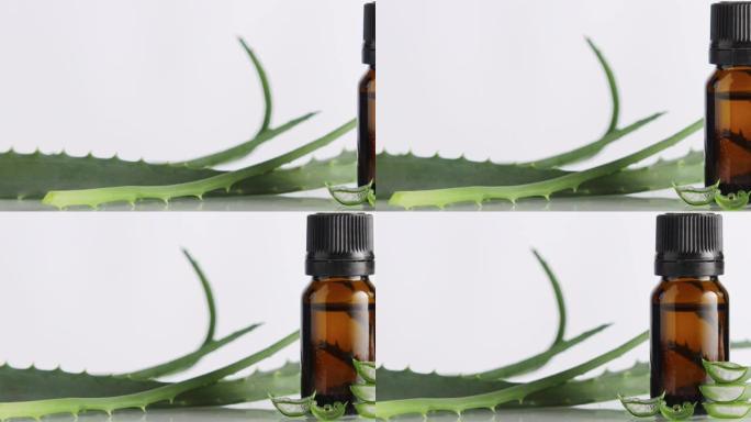 绿色芦荟叶子与化妆瓶精油在白色背景选择性聚焦。