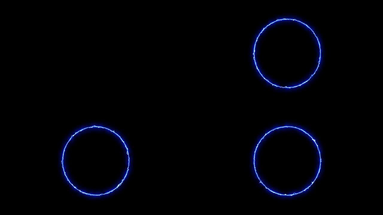 蓝色的闪电环，黑色背景上的能量霓虹灯。带雷电放电的抽象能量圈。渐渐地，出现了一个蓝色的环，并在圆圈中