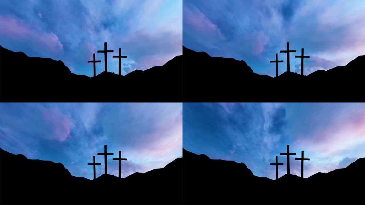 古耶路撒冷外的加略山，耶稣基督被钉在十字架上。黑暗的天空和光线。