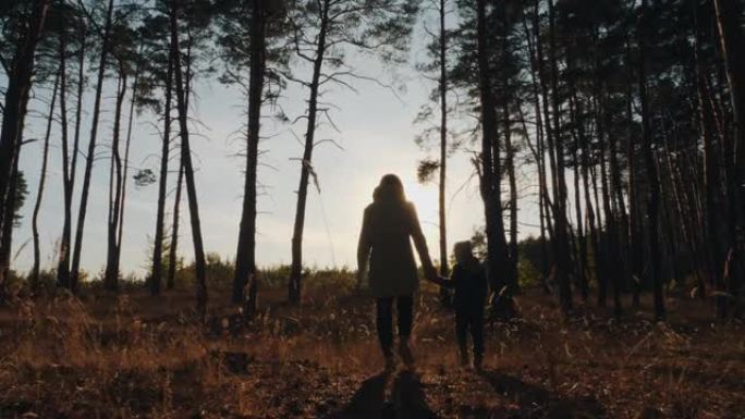 一个女人和一个孩子走过森林的剪影