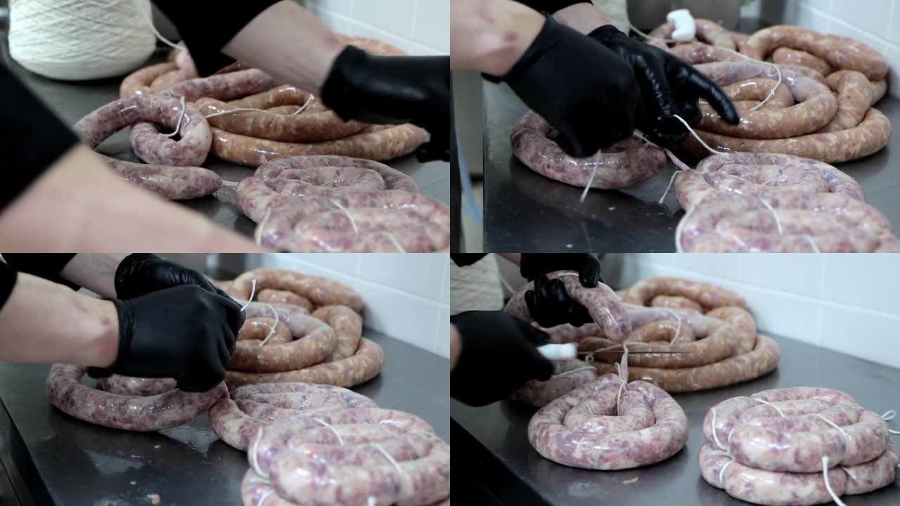 肉类加工厂香肠生产过程。
