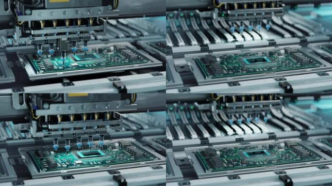 自动拾取和放置机器将元件安装在电路板上。电子产品和电路板制造厂。