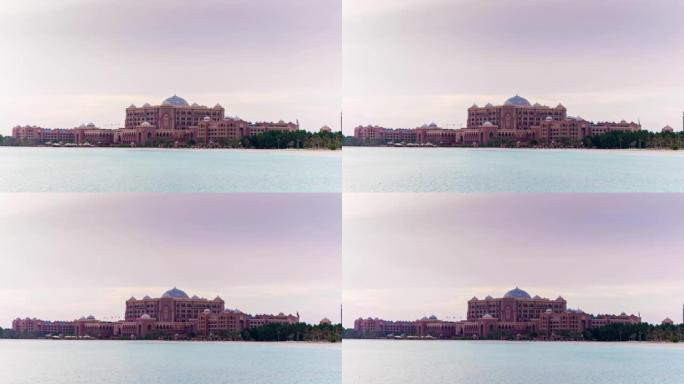 日落阿布扎比著名的阿联酋皇宫酒店海湾全景4k延时阿联酋