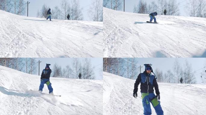 新秀滑雪者在阳光明媚的冬日在滑雪胜地学习在斜坡上转弯