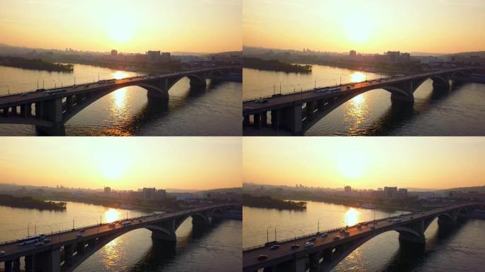 美丽的无人机空中拍摄俄罗斯叶尼塞河上的桥梁