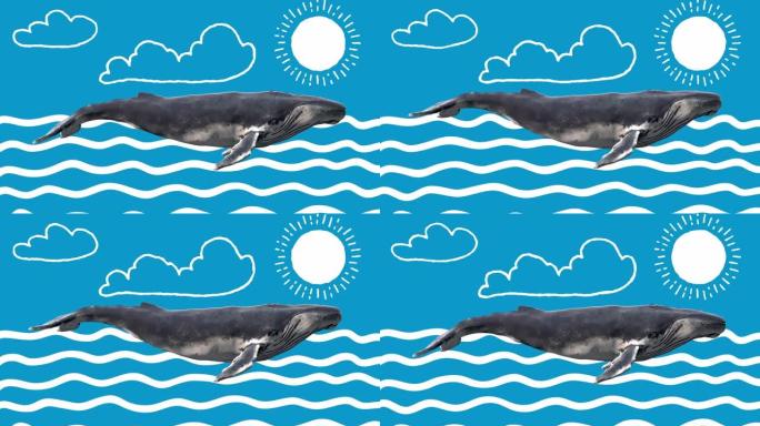 游泳蓝鲸。用涂鸦绘制形状的抽象艺术概念。逼真的3d角色动物。创意定格风格的背景。图形彩色设计。卡通时
