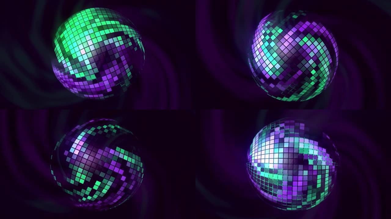 派对上的镜子迪斯科舞会，无缝循环。动。旋转绿色和淡紫色美丽的球体在紫色螺旋的背景