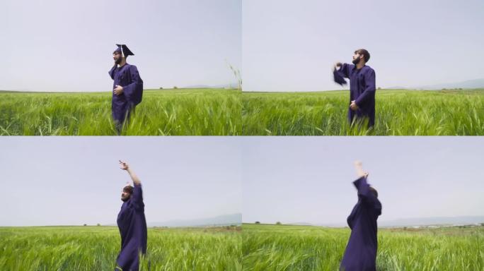 穿着毕业服装的年轻人在绿色的田野里向空中扔帽子。圆周运动旋转 ..