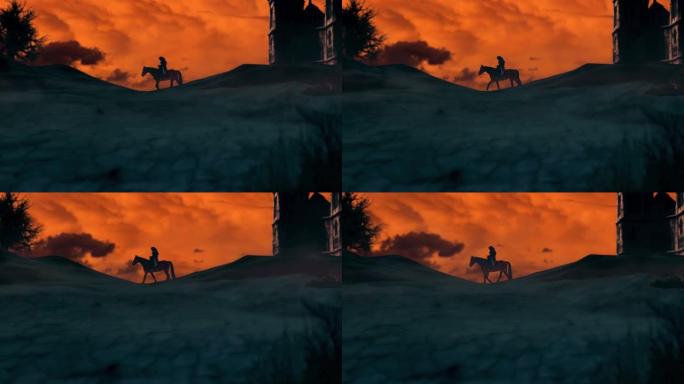 骑士骑马去打仗角斗士夕阳天空火烧云