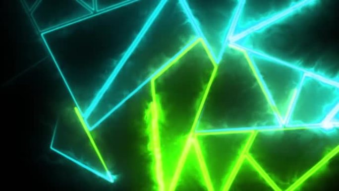 霓虹灯燃烧的三角形迷宫的4k动画。霓虹灯舞蹈与美妙的充满活力的色彩与反射