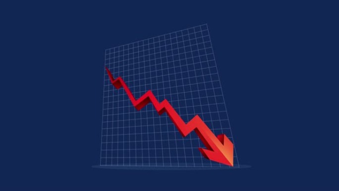 向下箭头动画图标。经济简单移动箭头股票视频-动画画面显示波动下降趋势，向下红色箭头图表股票视频在深蓝