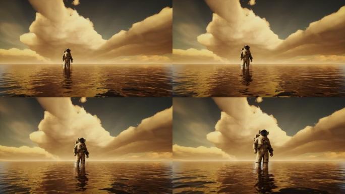 日落时，宇航员在云层下的海上