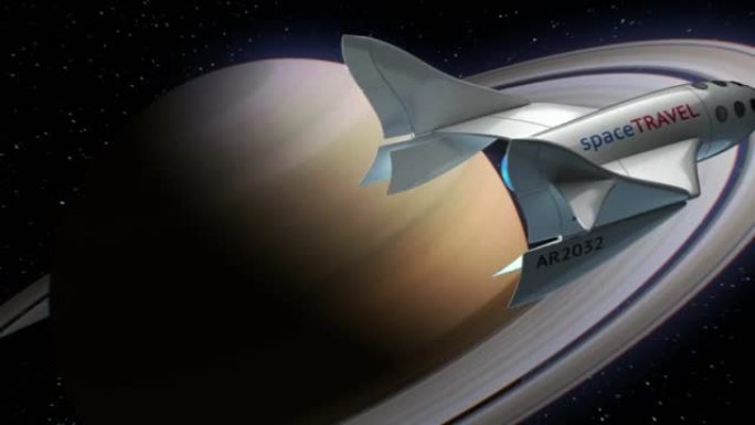 土星轨道上的虚构太空飞机，太空旅游飞船的概念，3d动画。行星的纹理是在图形编辑器中创建的，没有照片和