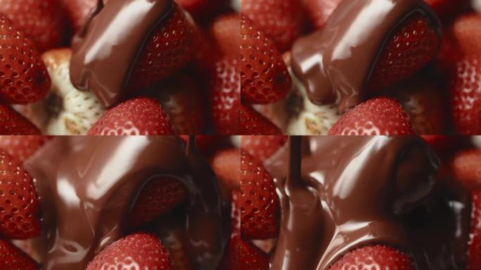 特写宏观新鲜草莓覆盖融化的液体巧克力。融化的巧克力或棕色焦糖流倒在多汁的红色浆果上。糖果，美味的甜点