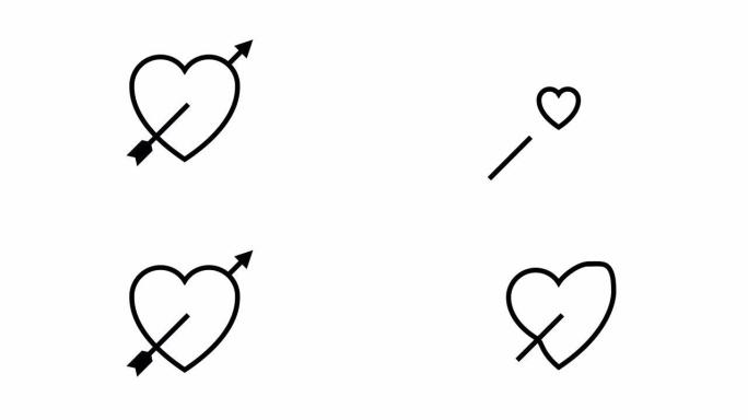 爱情或箭头穿过心脏图标。4k动画