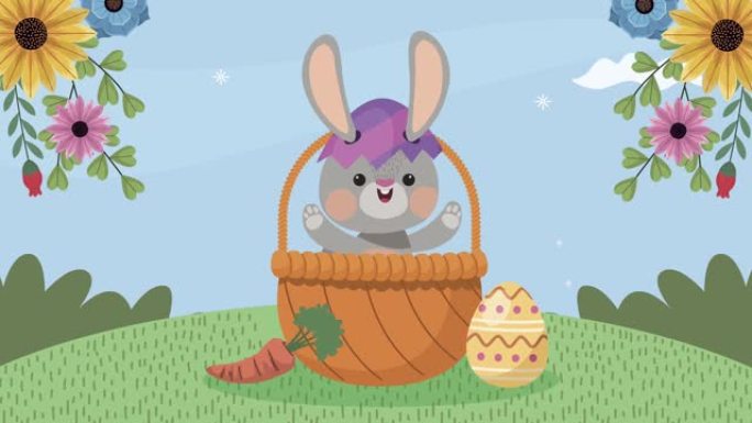 快乐复活节动画，篮子里有可爱的兔子