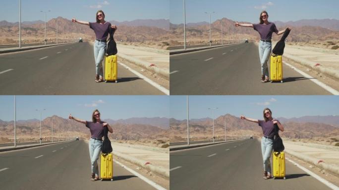 年轻英俊的女性旅行者与尤克里里和黄色行李搭便车4k