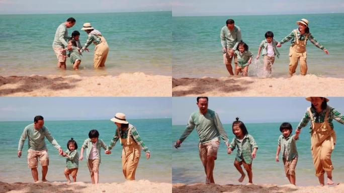 亚洲父亲母亲和儿子走路。快乐的亚洲家庭玩得开心，在海滩上散步。暑期旅游和假期假期。