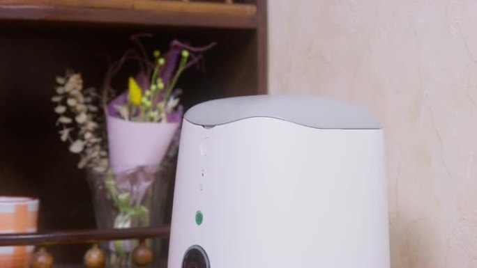 相机拍摄了自动宠物喂食机的自下而上的视图，该自动宠物喂食机站在家里的角落，特写镜头。根据时间表和计时