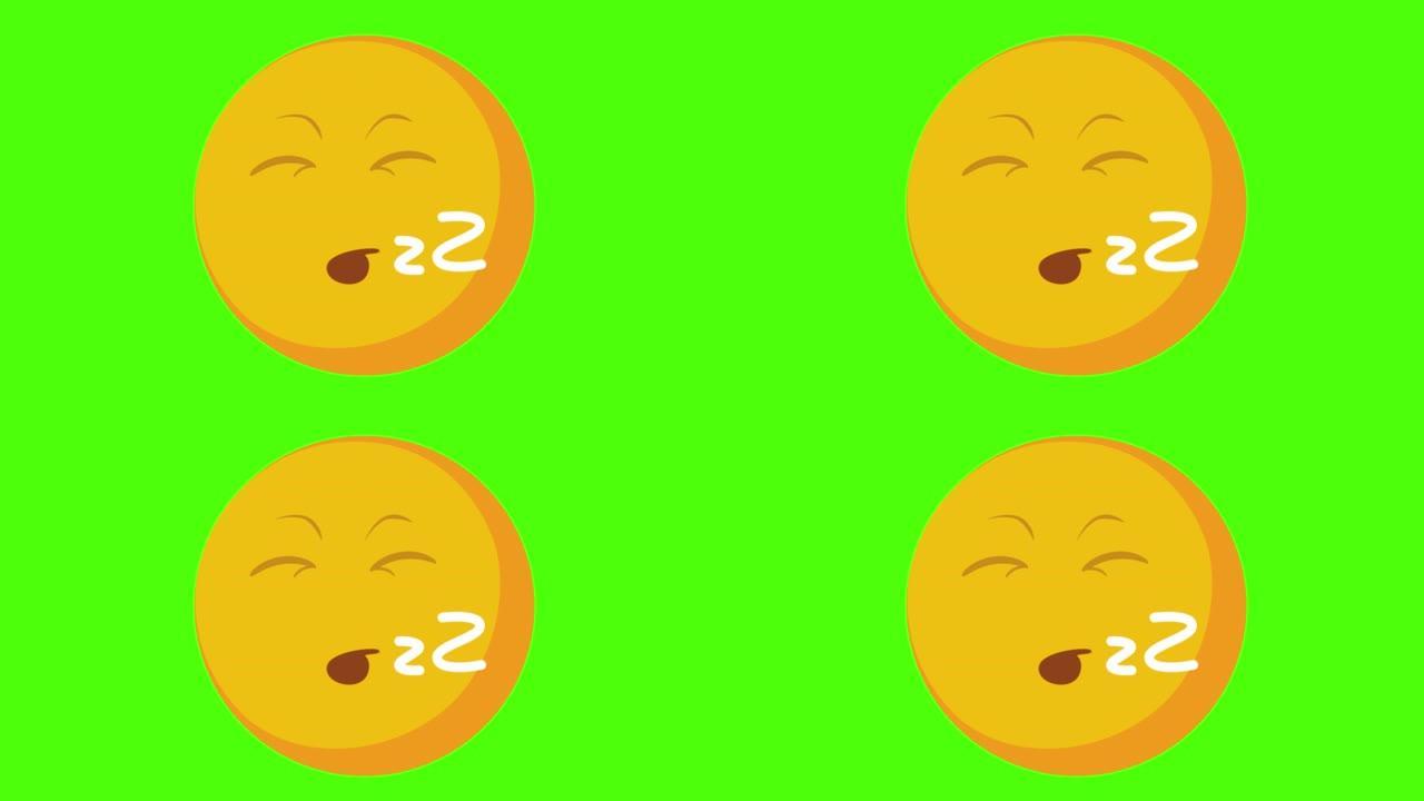 绿色背景上昏昏欲睡的黄色圆形脸的3D动画
