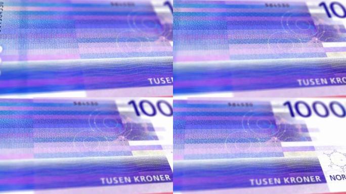 挪威1000克朗纸币纸币观察和储备侧特写跟踪多莉拍摄1000挪威克朗纸币当前1000克朗纸币4k分辨
