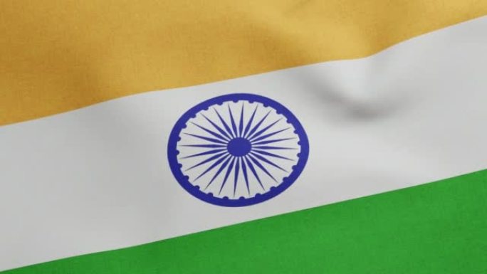印度国旗挥舞原始尺寸和颜色3D渲染，印度共和国国旗纺织品由Pingali Venkayya设计，盾形