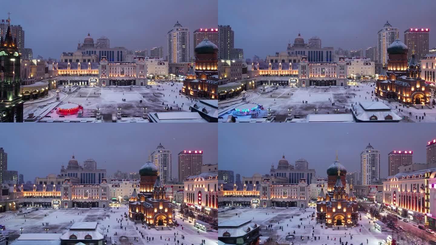 中国哈尔滨圣索菲亚大教堂广场夜景航拍