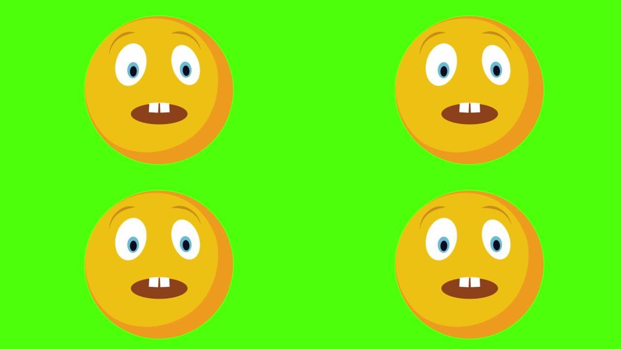 绿色背景上惊讶的黄色圆形面孔的3D动画