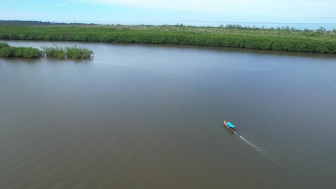 泰国攀牙府红树林湿地河中的4k鸟瞰图多莉倾斜长尾船