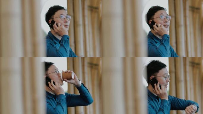 推销员的早晨例行公事，在当地咖啡馆放松身心，并与客户通电话。