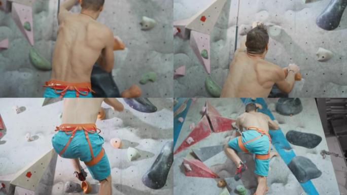 健壮的男性攀登者快速地爬上人造的攀岩墙。速度提升。一个强壮的有经验的攀岩者在里面练习爬圆石墙
